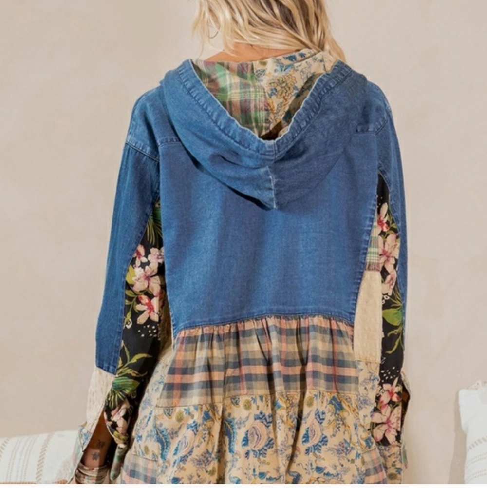 NWT Young Threads Denim Patchwork Hooded Shacket … - image 5